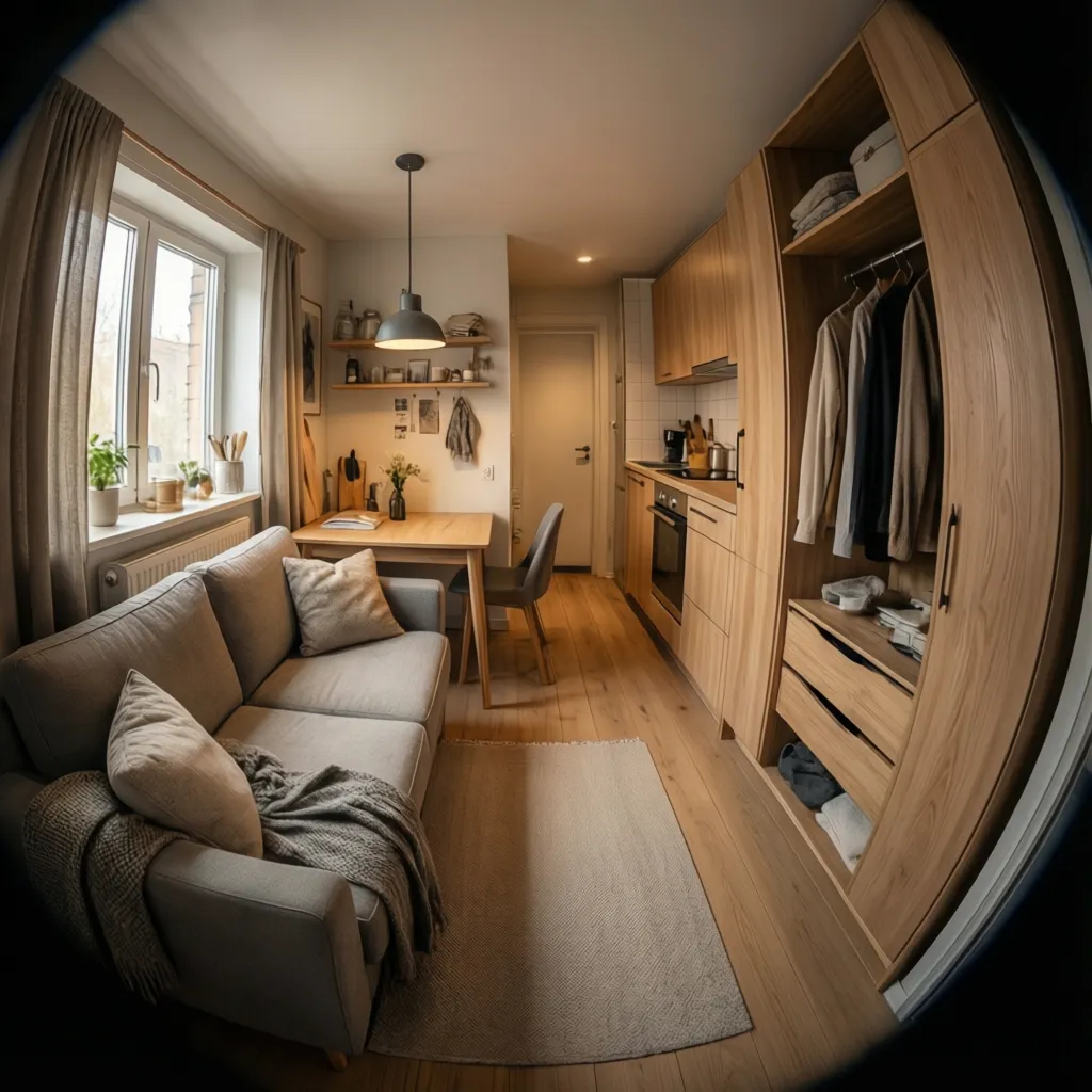 Traditional micro apartment layout with sofa bed kitchen and dining table