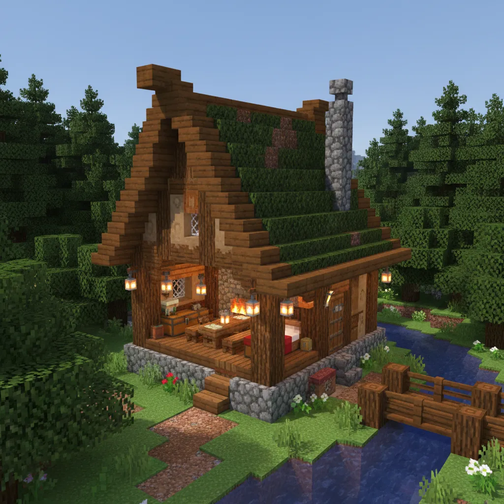 Traditional Minecraft house with wooden beams stone base and sloped roof