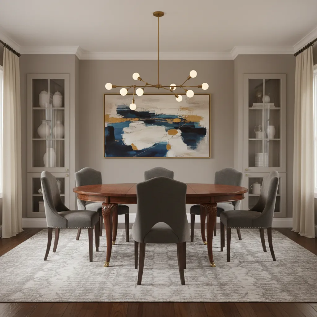 Dining room mixing Duncan Phyfe table with modern chandelier and artwork