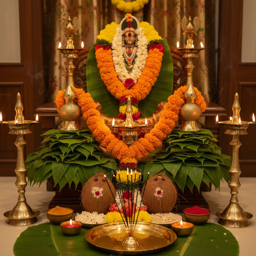 Traditional Padi Pooja decorations with brass lamps flowers and banana leaves