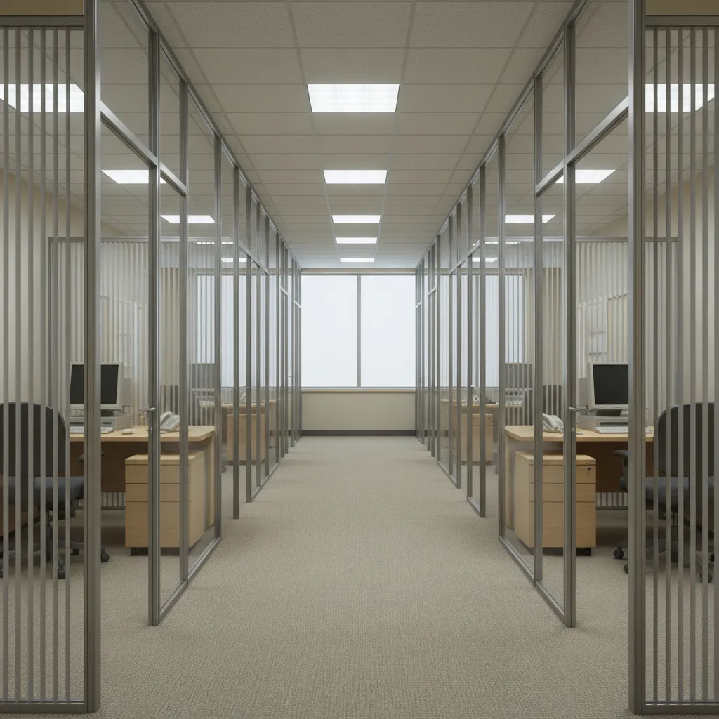 traditional pharmaceutical headquarters office corridor layout with private offices