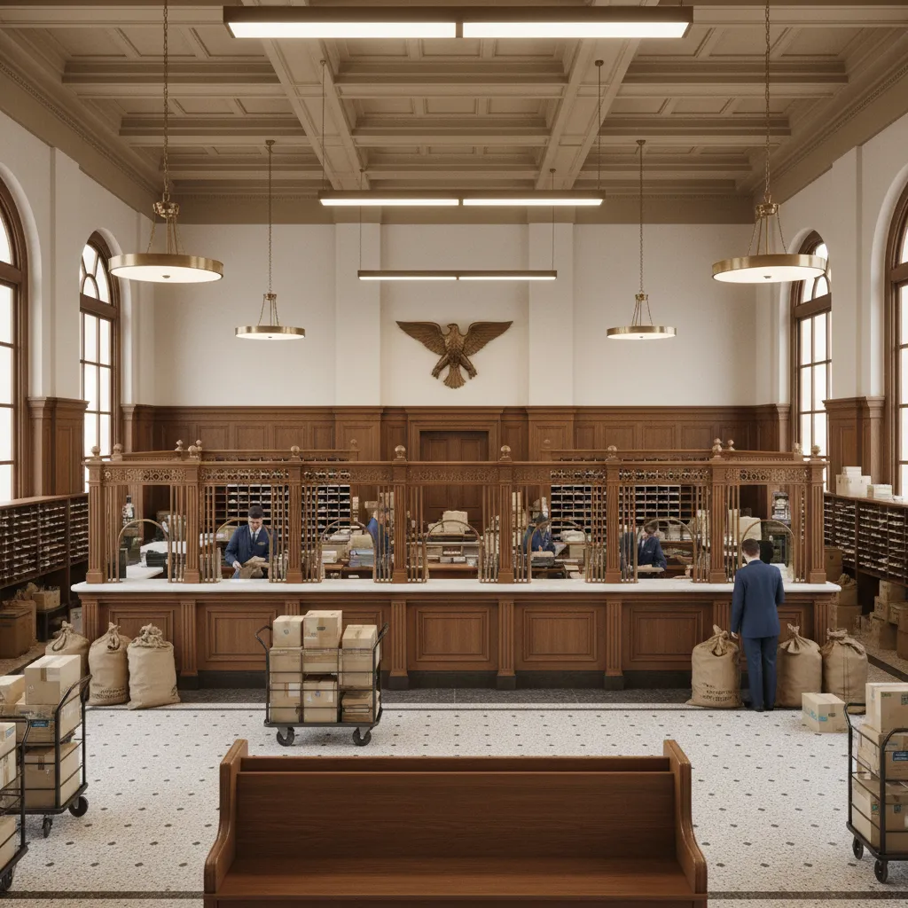 Traditional post office interior with long service counter and sorting area behind