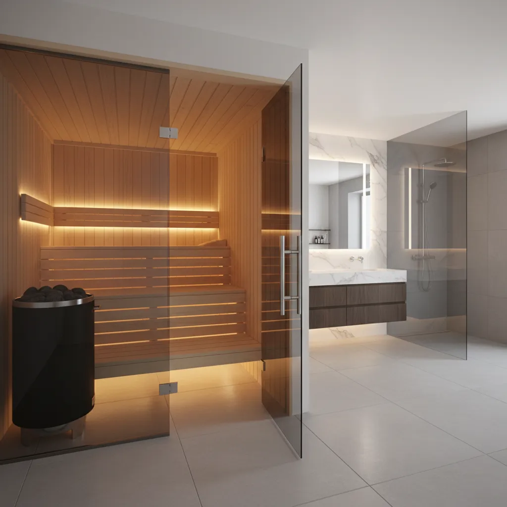 traditional wooden sauna room connected to bathroom shower area