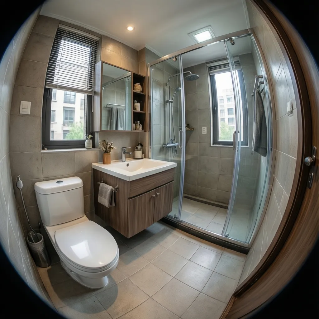 traditional compact bathroom layout with corner shower vanity and toilet