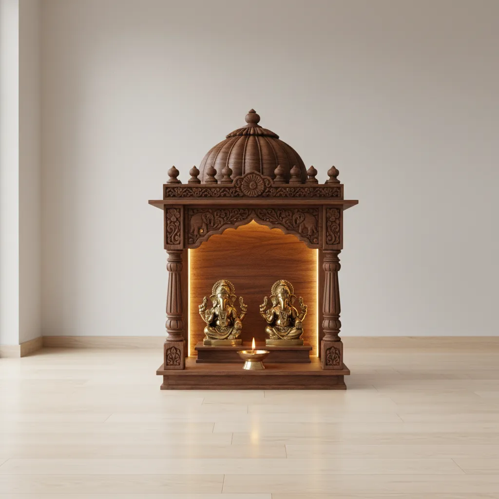 Small traditional wooden pooja mandir with warm LED backlighting and idols