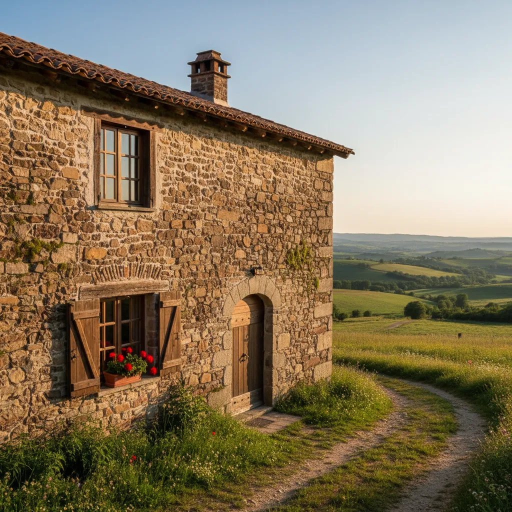 Exterior de una casa tradicional construida con muros de piedra natural