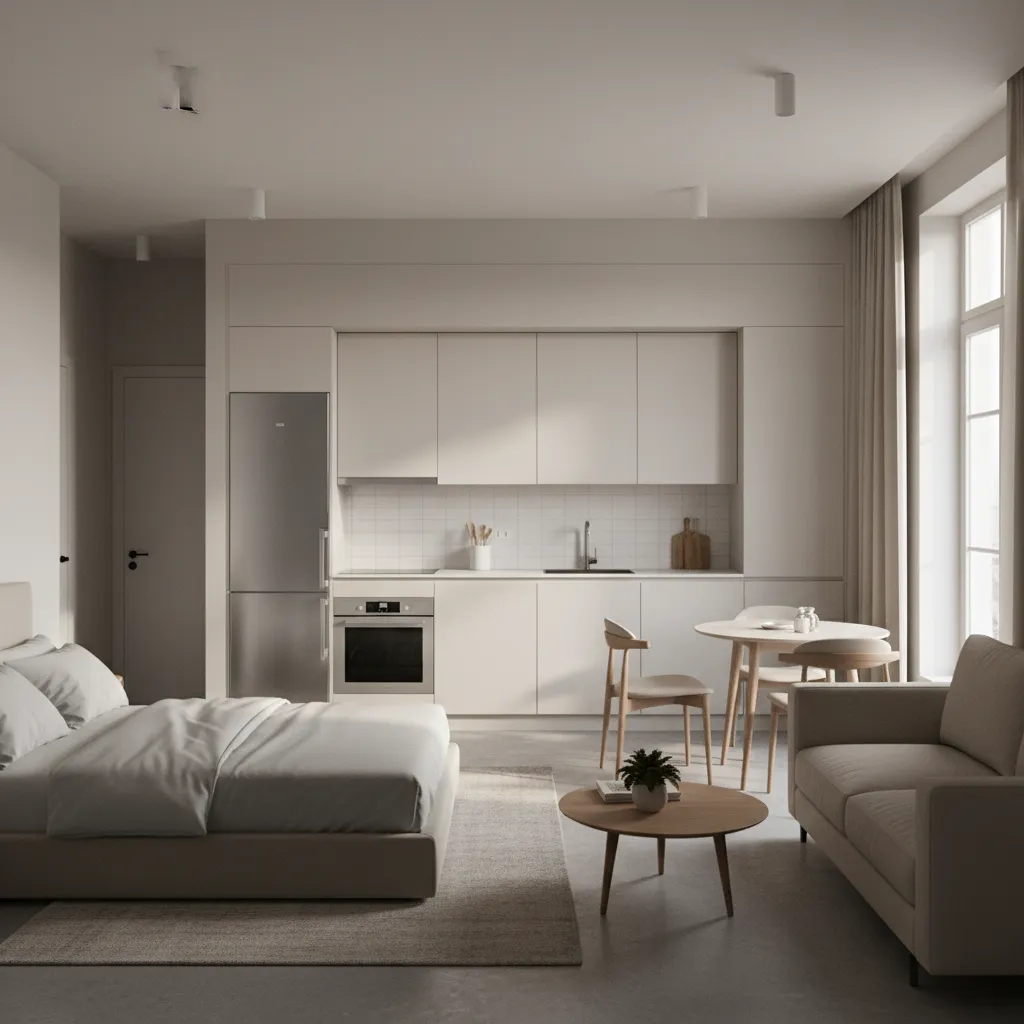 Traditional open studio apartment layout with bed sofa and kitchenette