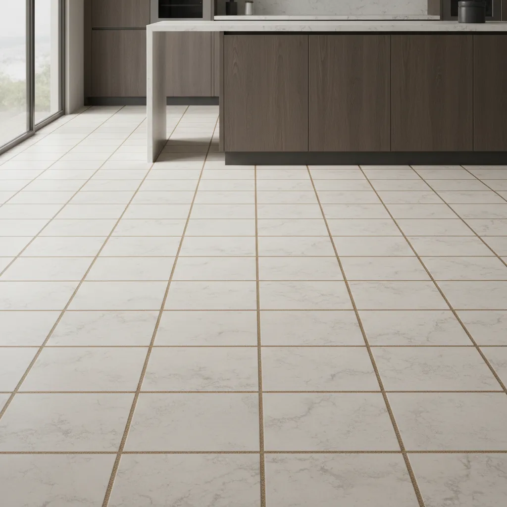 Traditional ceramic tile floor with visible grout grid pattern