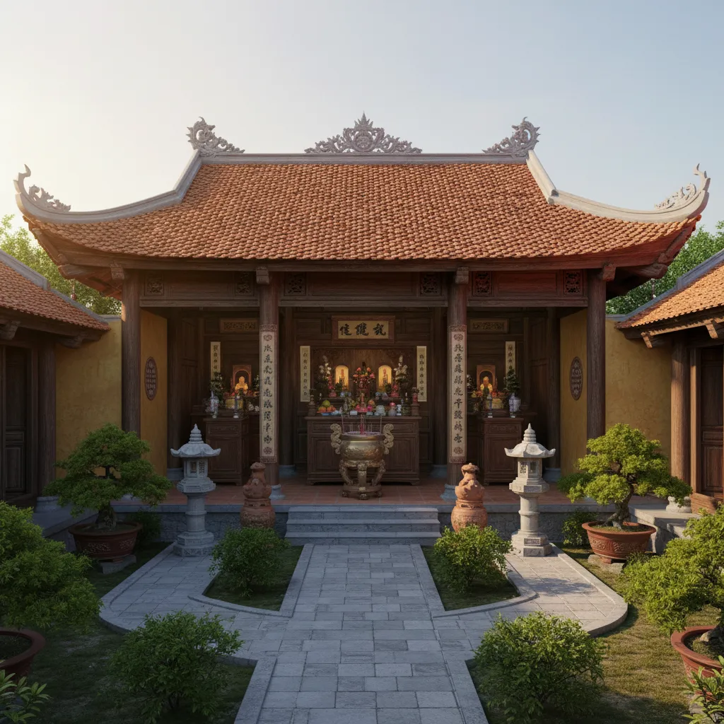 Traditional wooden building with tiled roof stone path outdoor plants and a central prayer altar