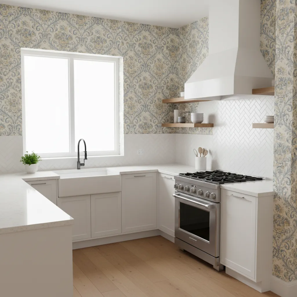 Traditional vinyl wallpaper installed in modern small kitchen