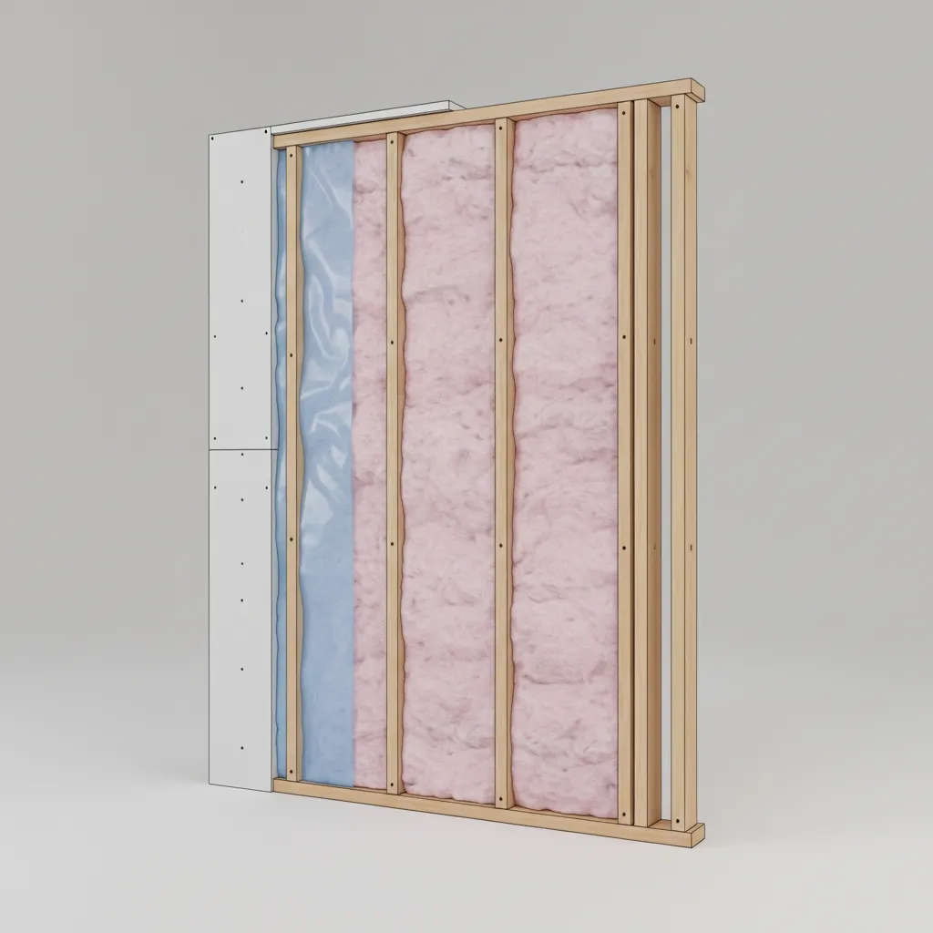 Cutaway view of traditional stud wall with fiberglass insulation and drywall layers