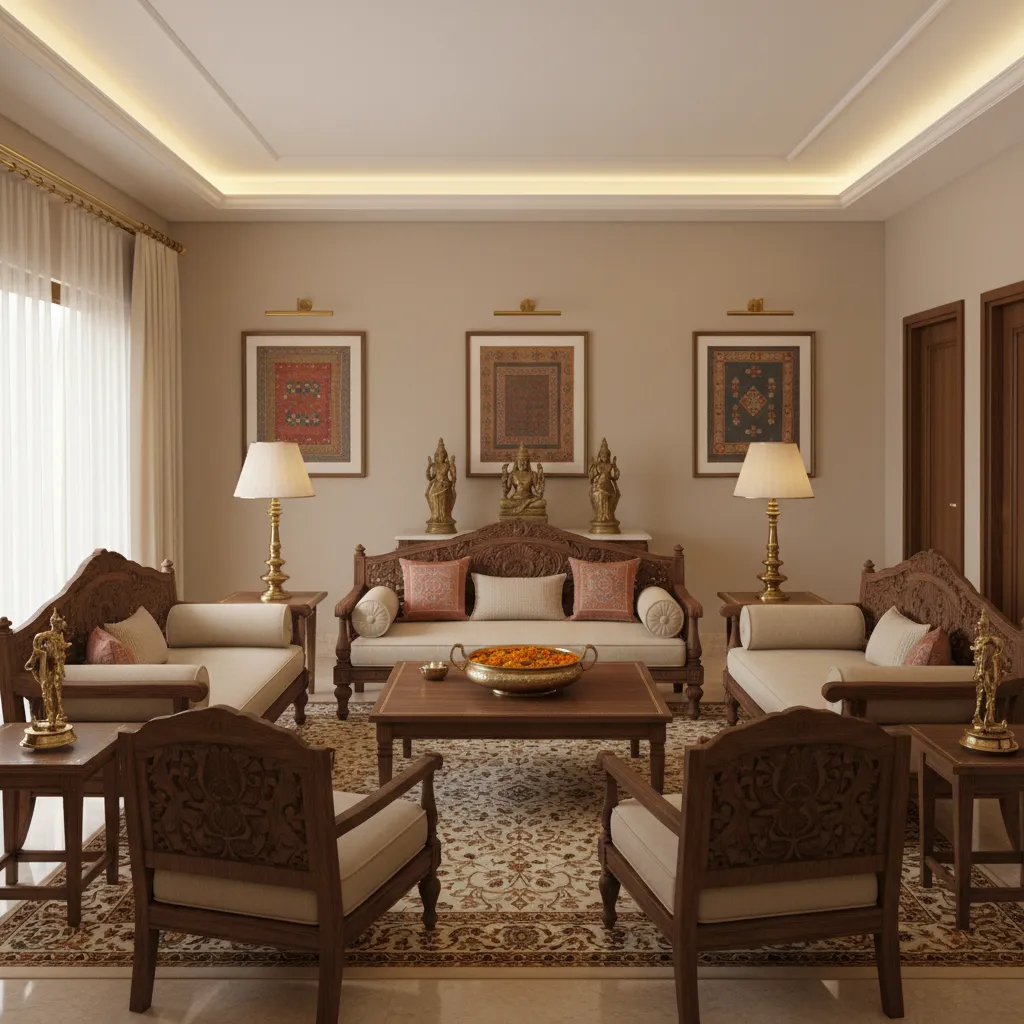 Traditional Indian living room with wooden sofa and brass decor accents