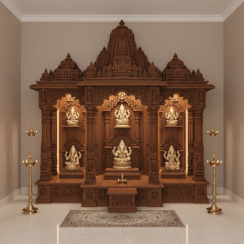 Traditional wooden mandir with carved pillars in South Indian pooja room