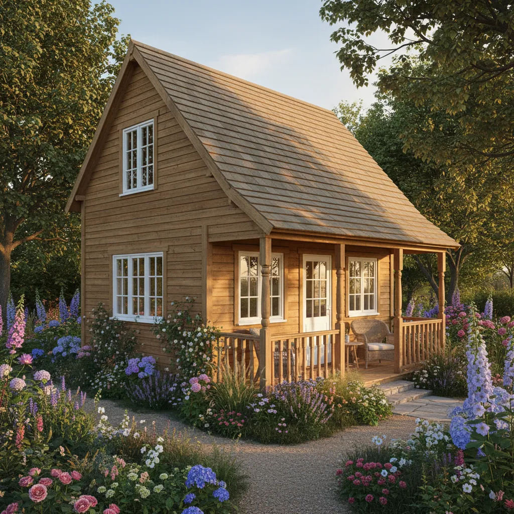 Classic wooden summer house with pitched roof and pane windows in cottage garden