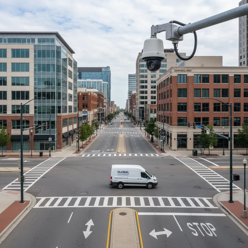 Traffic enforcement camera capturing a commercial van entering an intersection