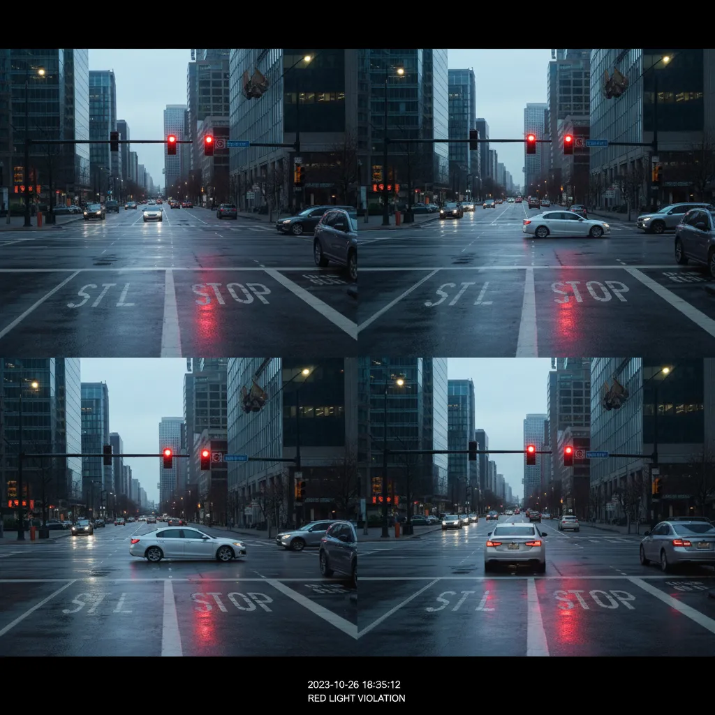 Traffic camera evidence frames showing car crossing red light intersection