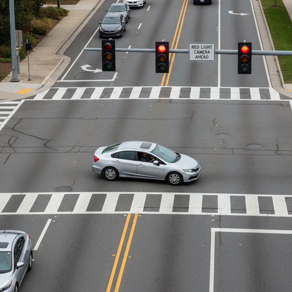 Example red light camera evidence image showing vehicle crossing intersection with timestamp overlay