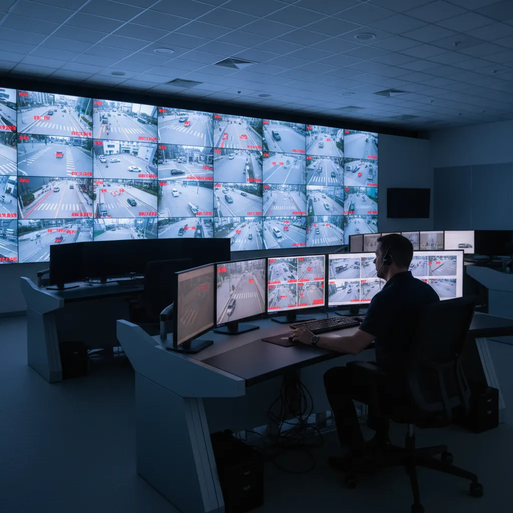 Traffic camera monitoring system reviewing red light violation footage