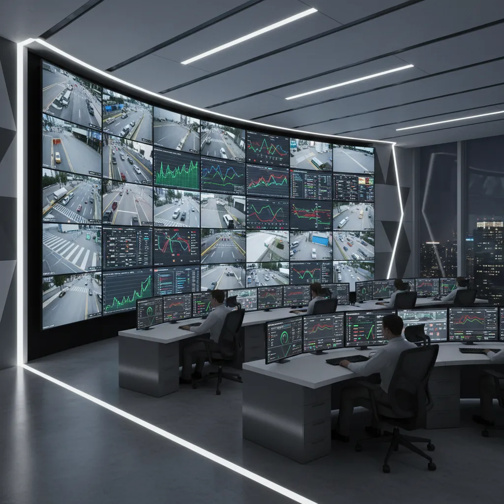 Transportation traffic control room with large video wall displaying city traffic feeds