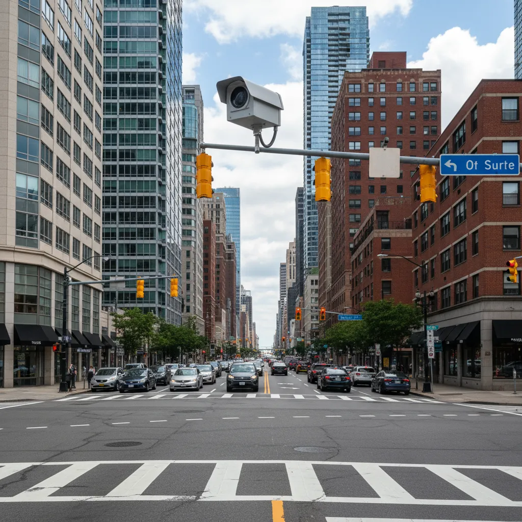 Urban intersection with automated red light camera monitoring traffic
