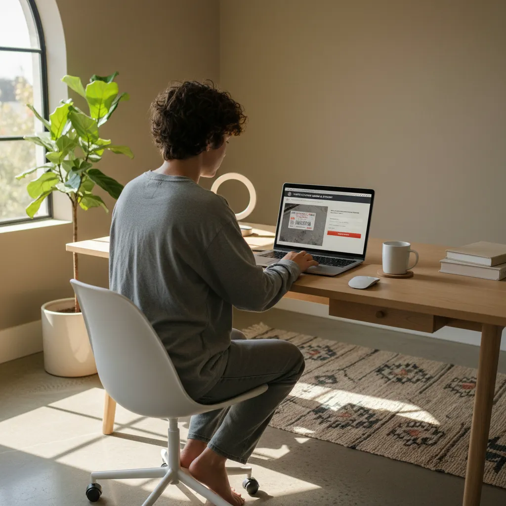 Driver paying a traffic camera ticket online on laptop at home