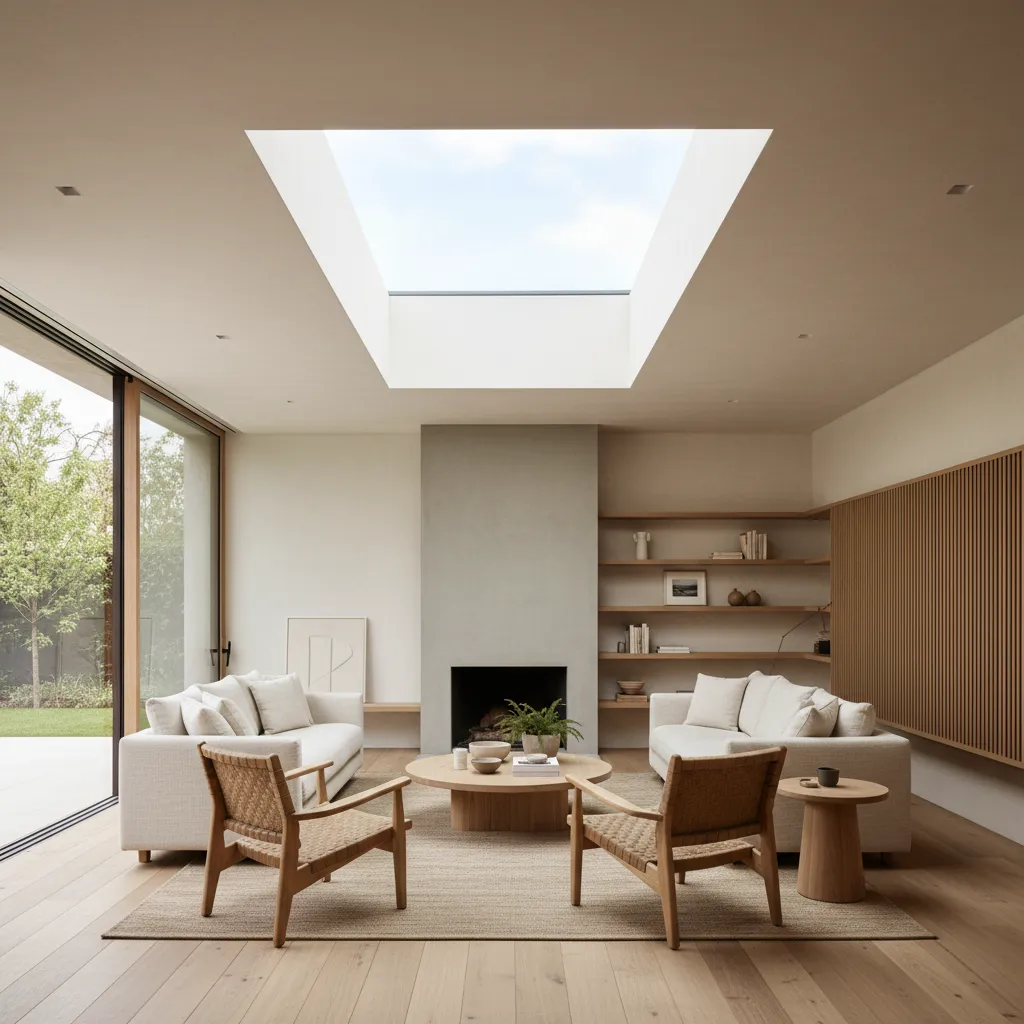 Salón moderno iluminado con luz natural desde un tragaluz