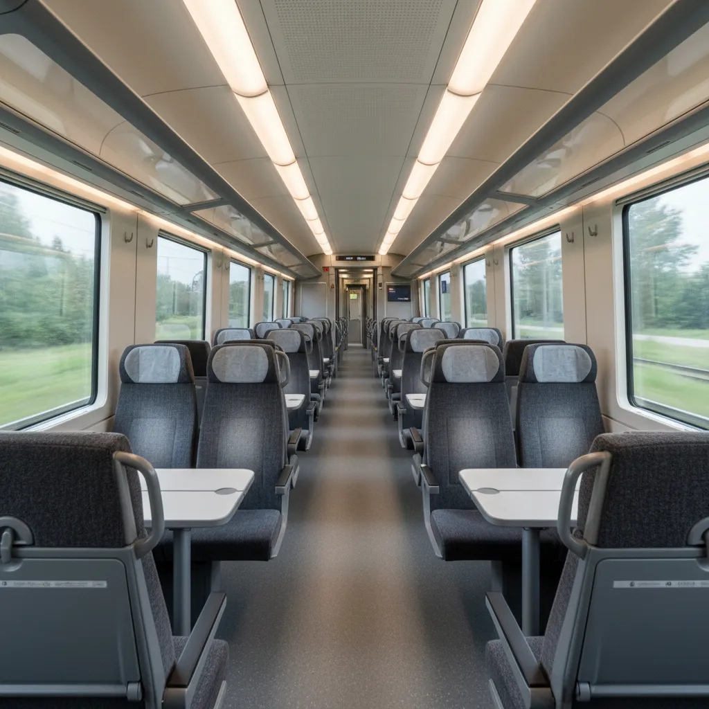 Vista interior de un vagón de tren mostrando distribución de asientos y pasillo