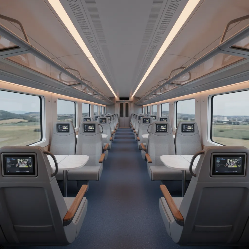 Distribución interior de un tren moderno con pasillo amplio y asientos ergonómicos