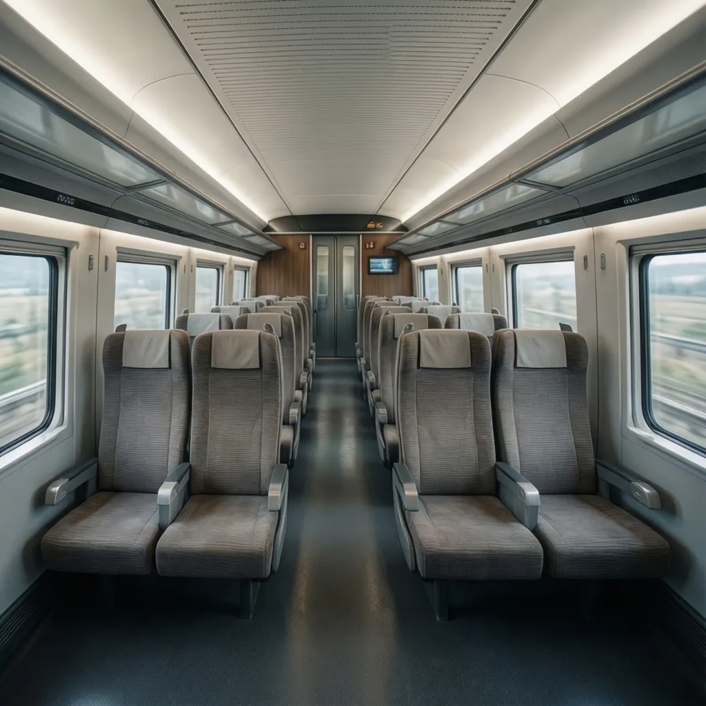 Diseño interior de vagón de tren mostrando distribución de asientos y pasillo central