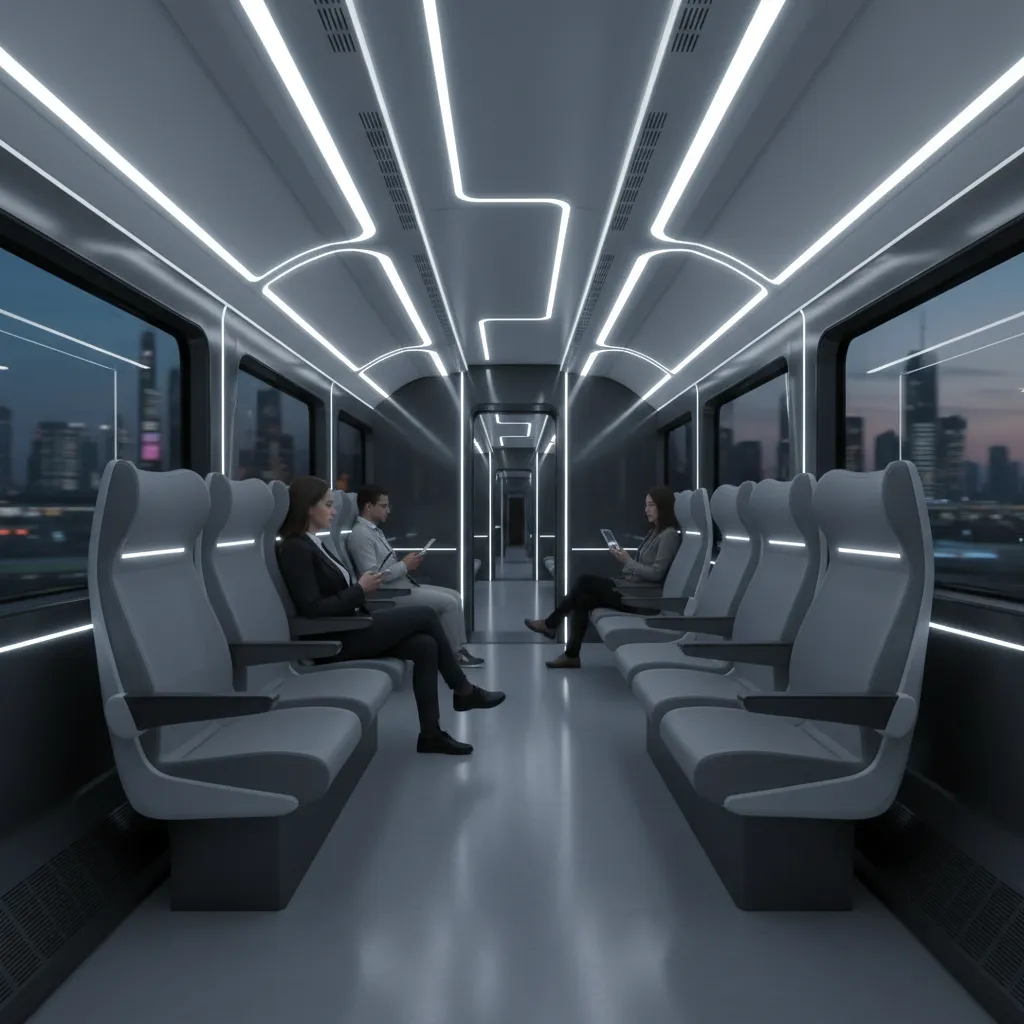 Iluminación LED ambiental en el interior de un tren futurista