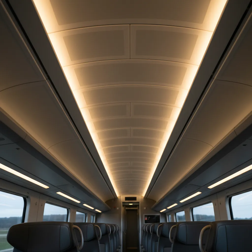 Paneles interiores e iluminación indirecta dentro de un tren moderno
