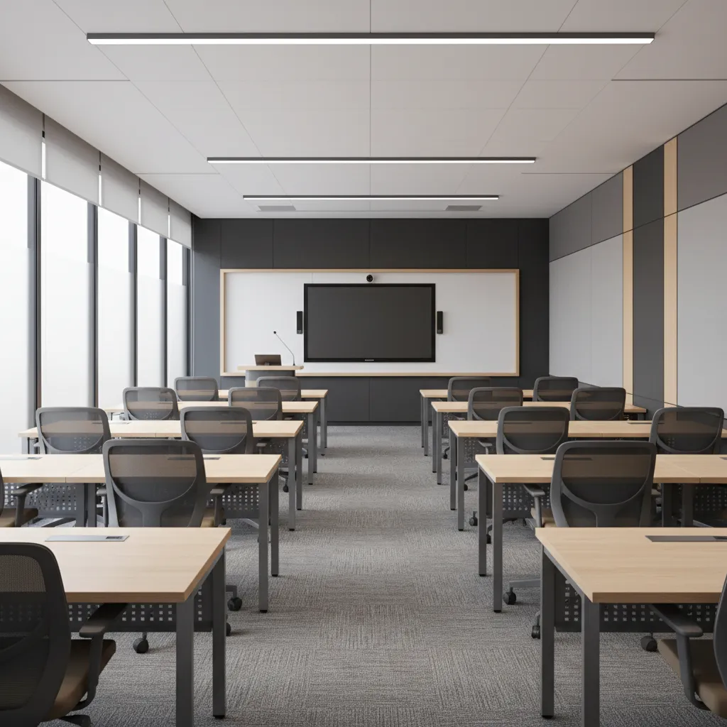 Professional training room classroom seating layout with rows of desks facing instructor