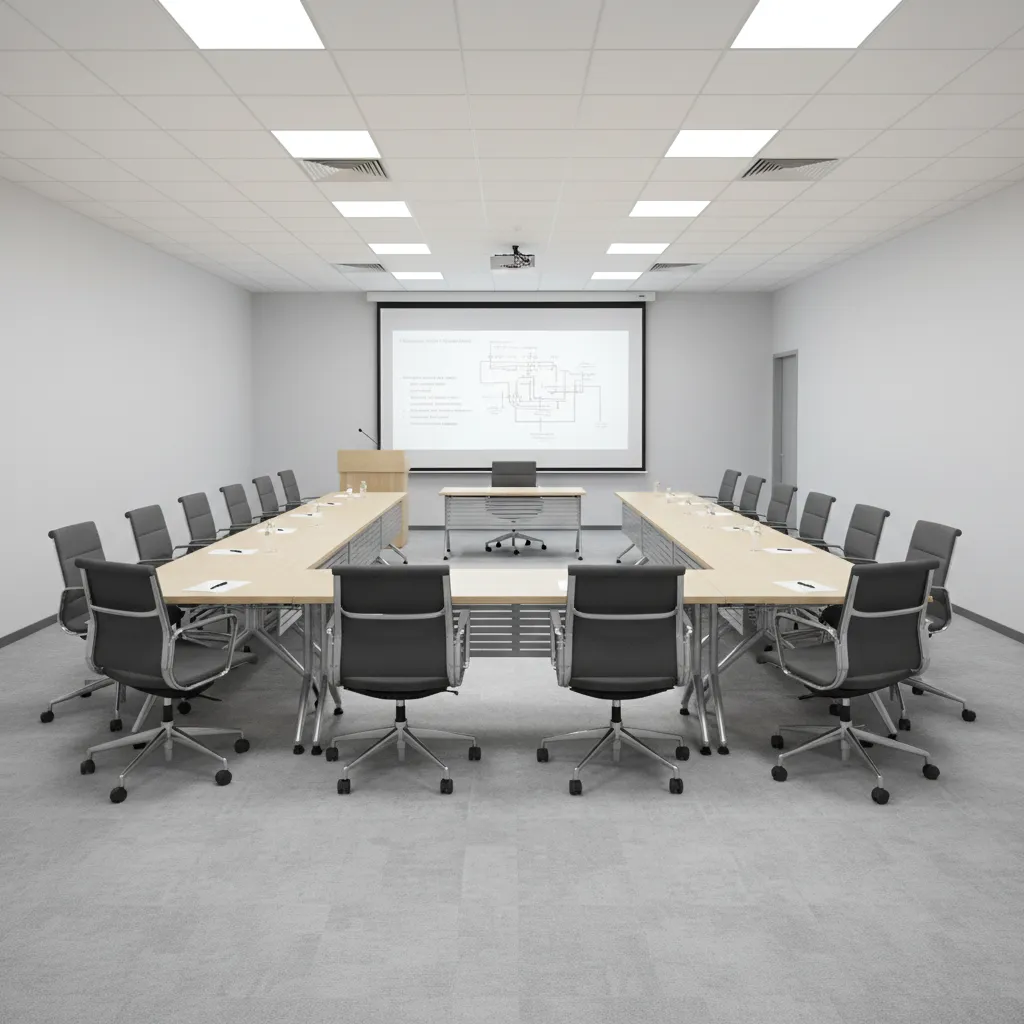 training room with U shape seating layout facing instructor screen