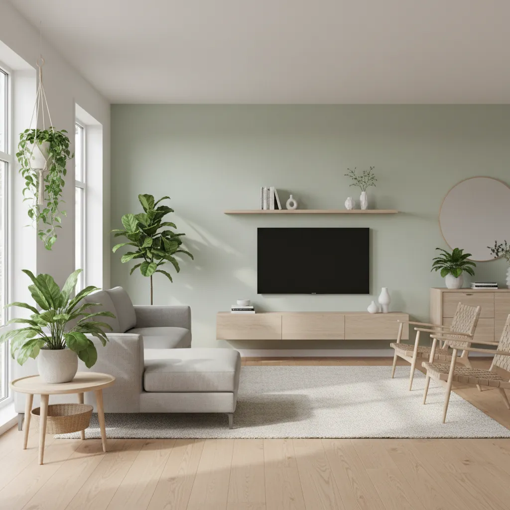 Bright living room with Dulux Tranquil Dawn soft green walls and plants