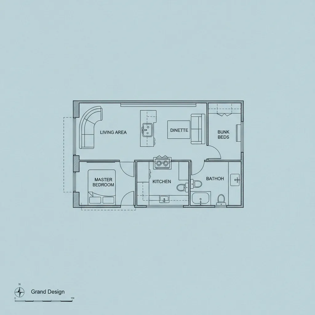 Illustrated layout of a Grand Design Transcend travel trailer floor plan