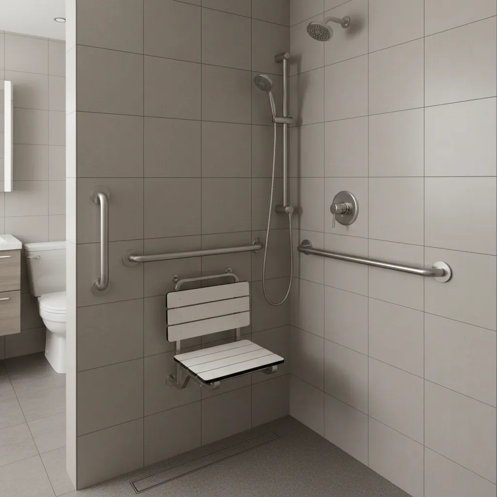 Transfer shower with built in seat and grab bars for wheelchair transfer