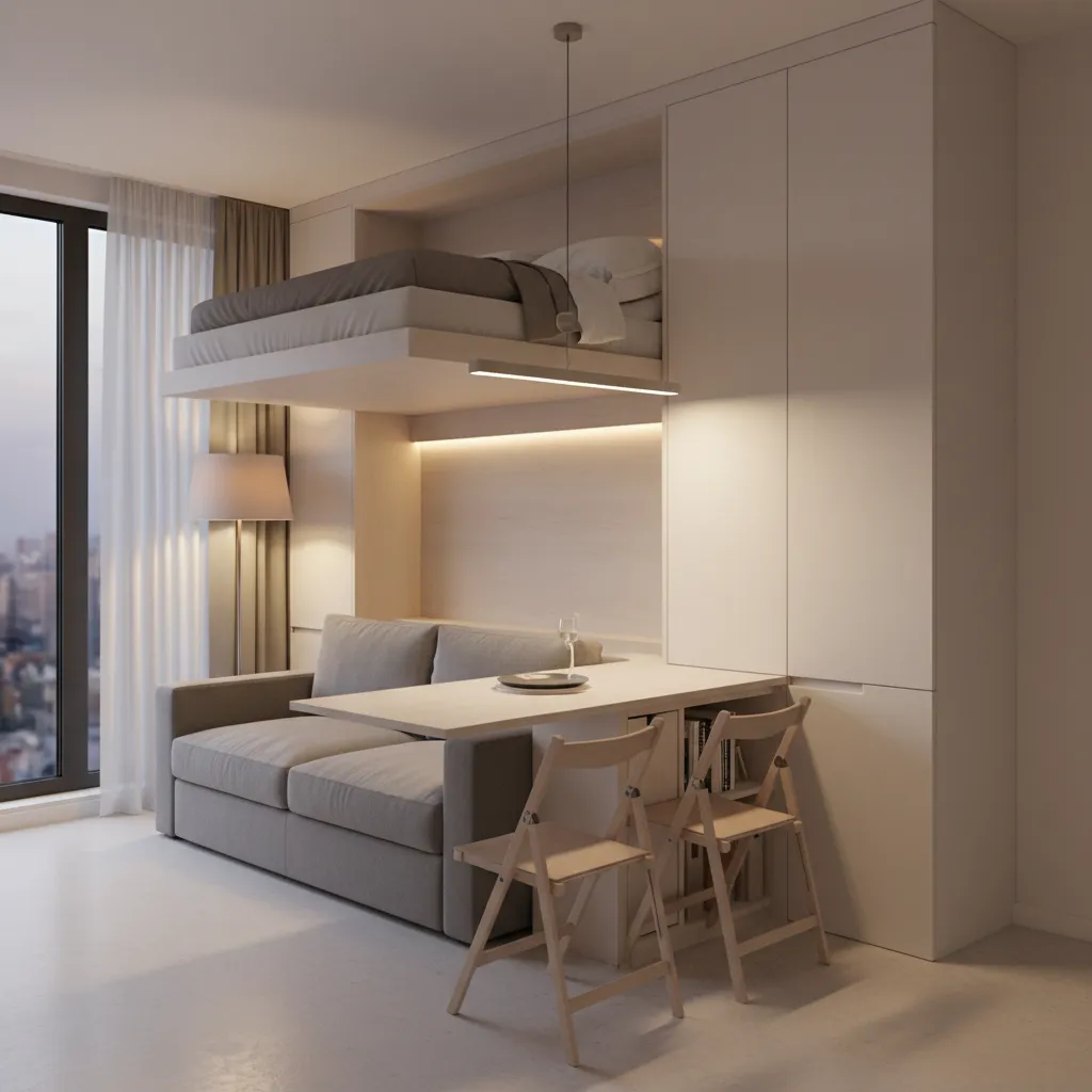 Micro apartment interior with transformable furniture such as wall bed and foldable table