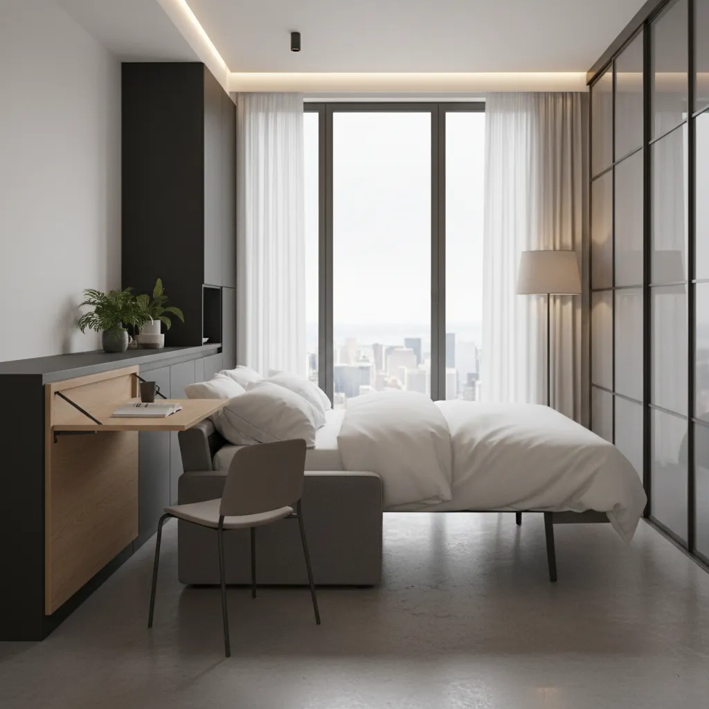 Transformable sofa bed and foldable desk in compact apartment living room