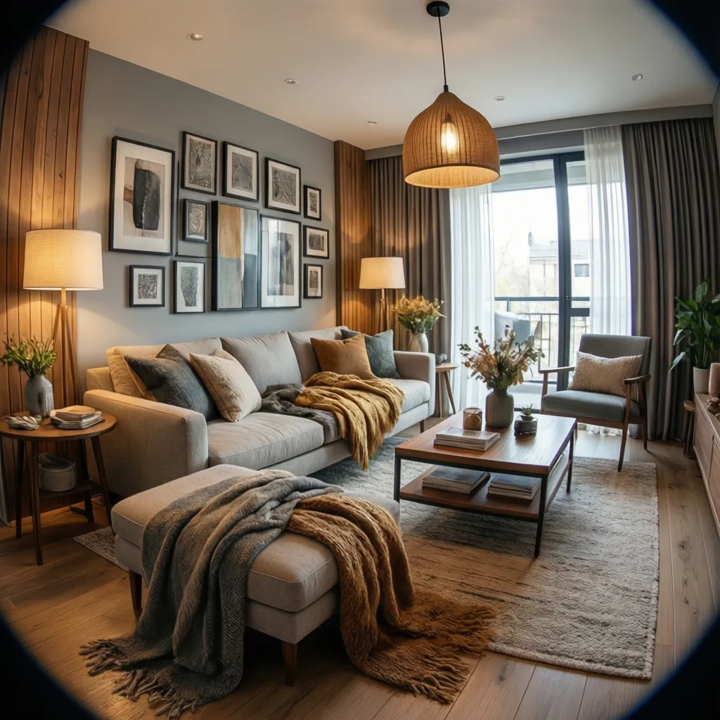 Salón moderno decorado con textiles y arte mural