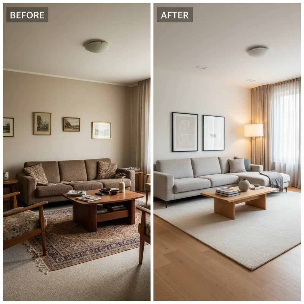 Comparación visual de un salón antes y después de una reforma de diseño interior