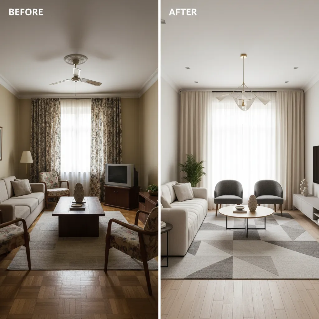Antes y después de una transformación de salón moderno