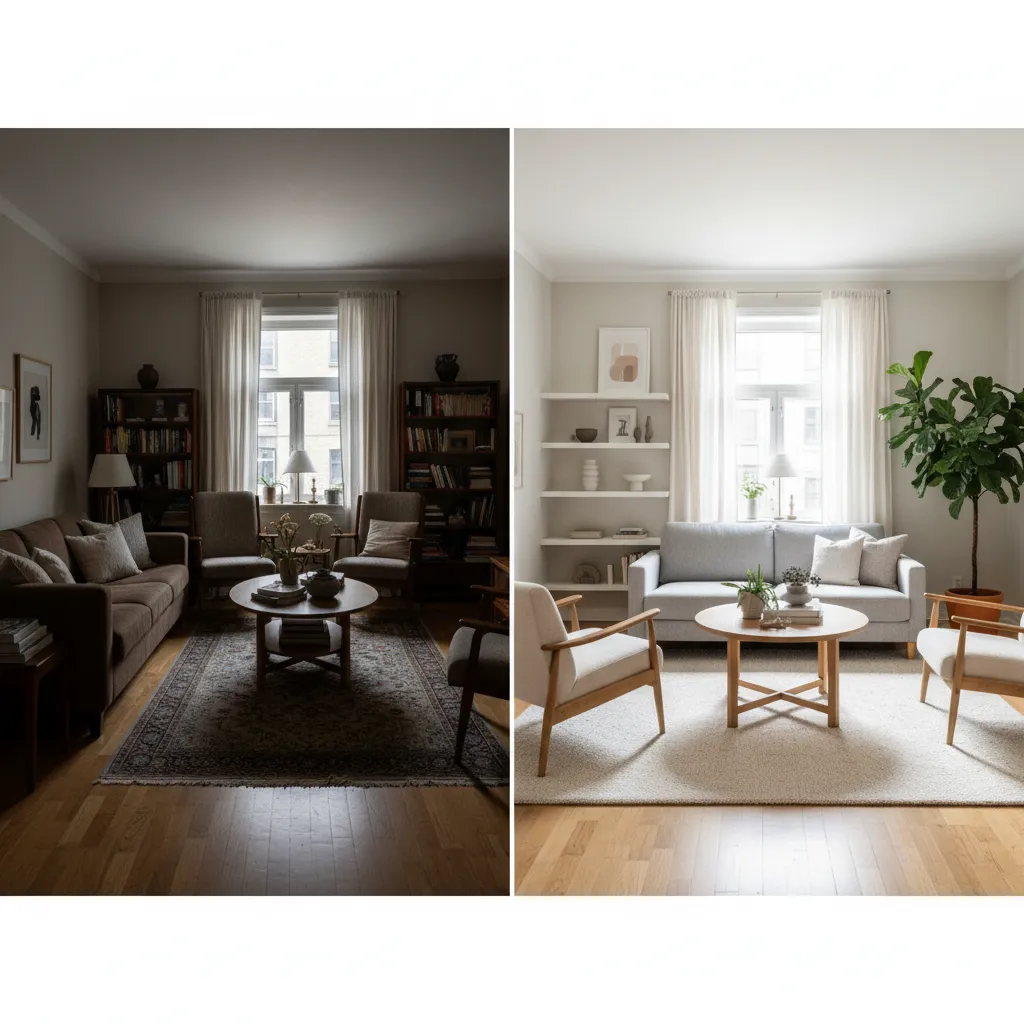 Side by side comparison of dark cluttered living room versus bright modern minimalist room design