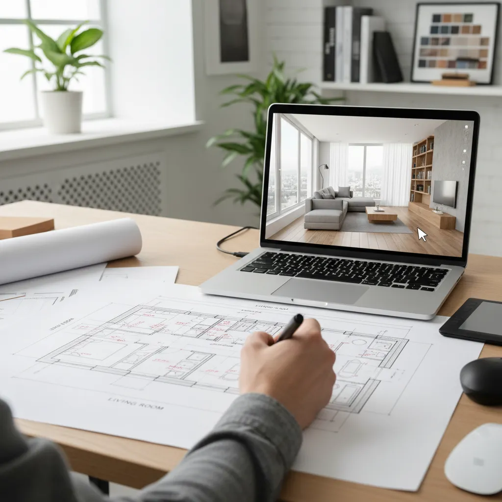 Transición de boceto de plano a visualización digital en diseño de interiores