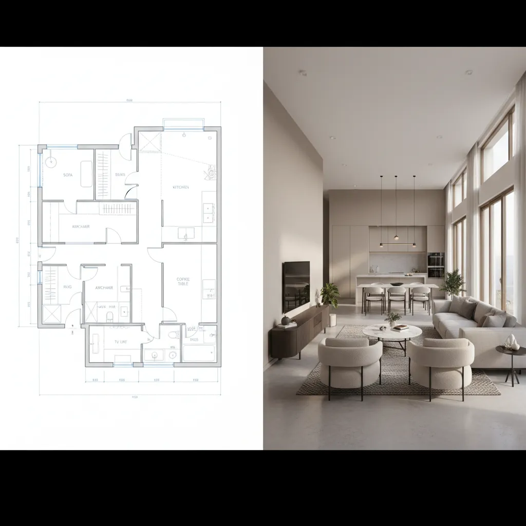 Comparación entre plano 2D y visualización 3D de un interior
