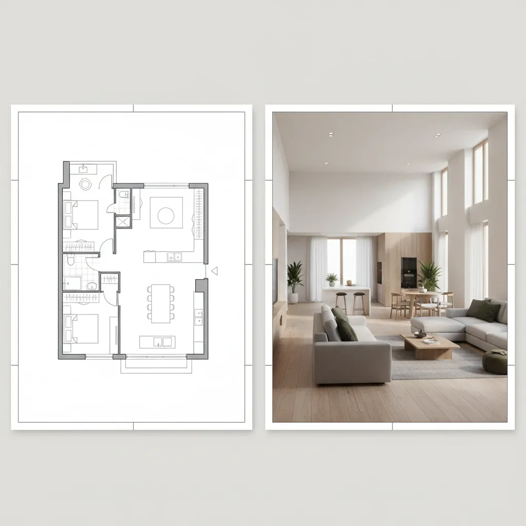 Perbandingan denah 2D dan visualisasi rumah 3D