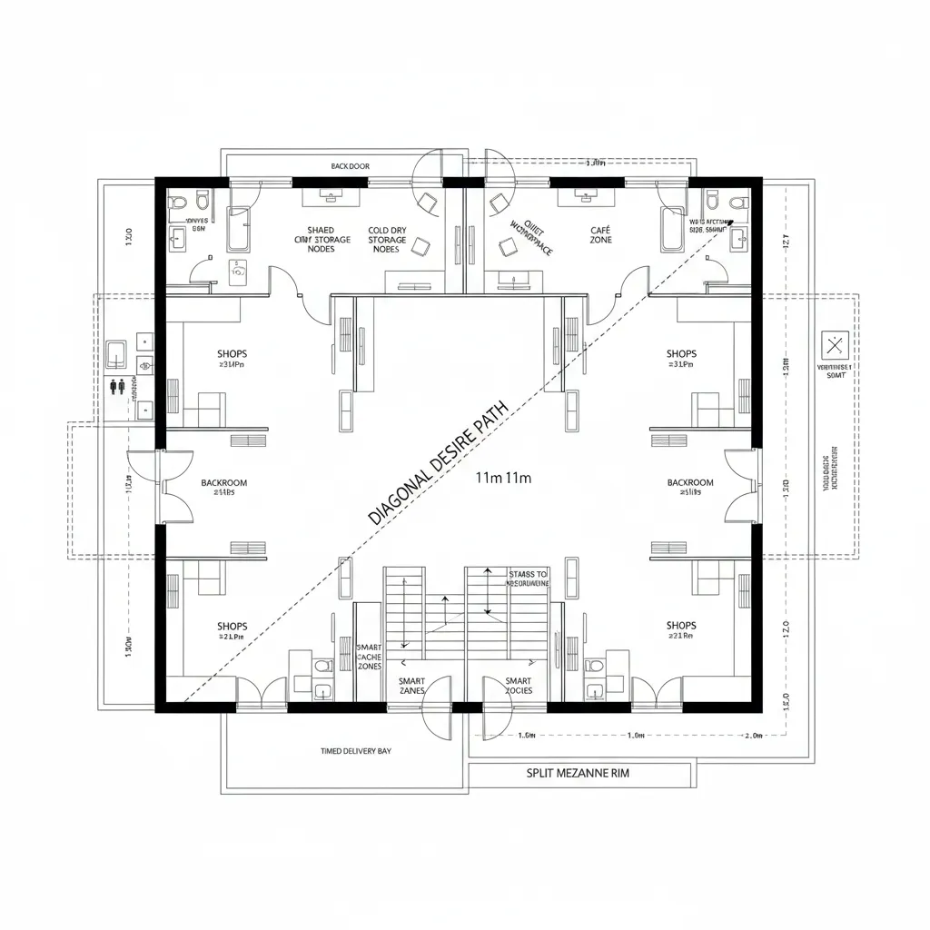 Transit Hub Hybrid (8 Shops, Single-Level + Split Mezzanine)