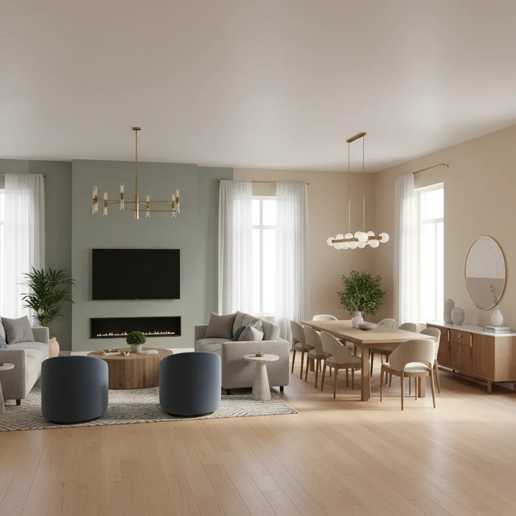 Living dining room using transitional color to connect spaces