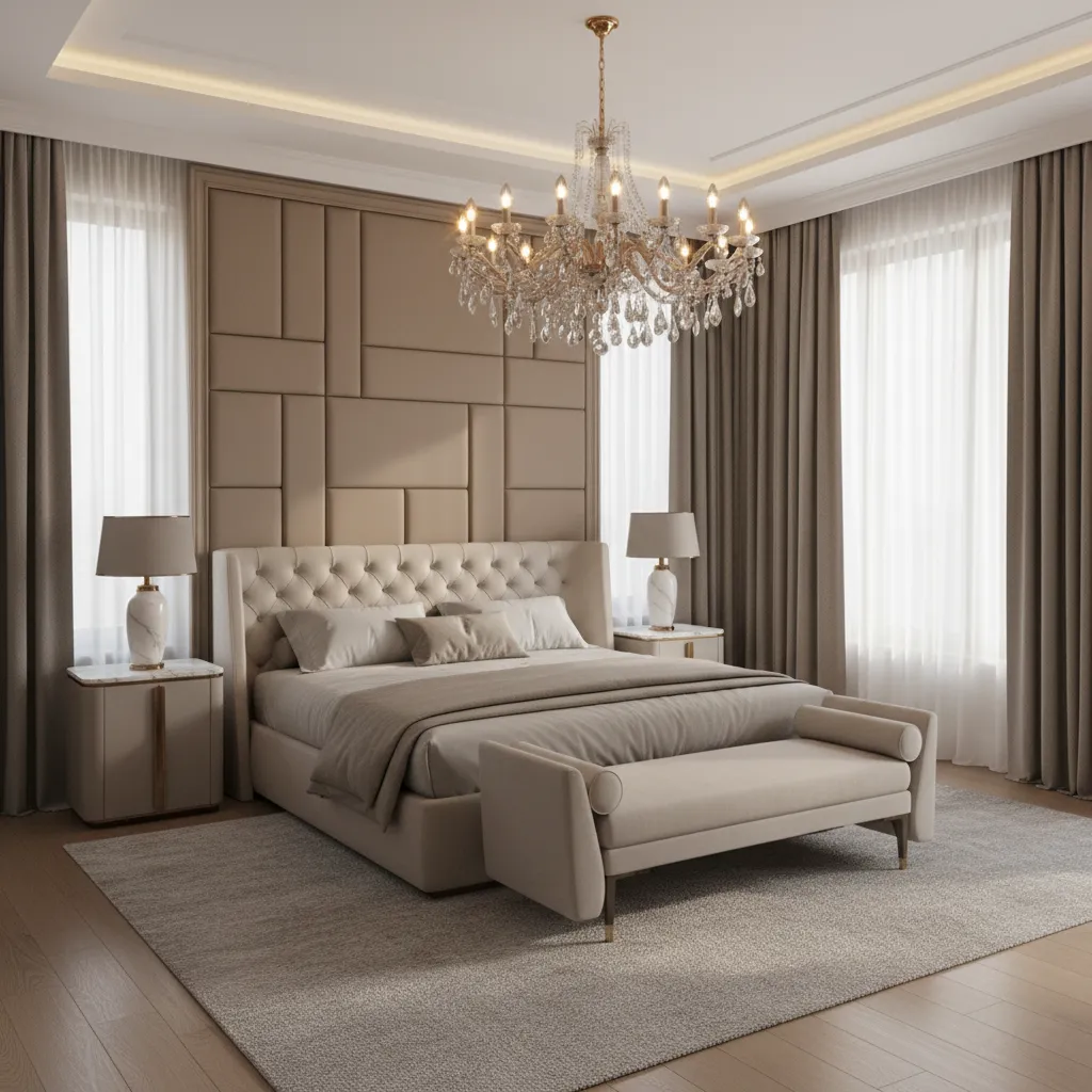Luxury bedroom blending modern architecture with classic textures