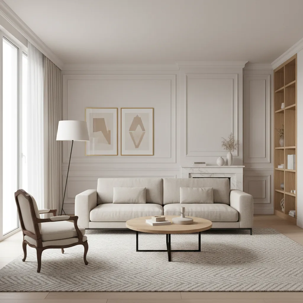 Interior blending modern furniture with traditional architecture