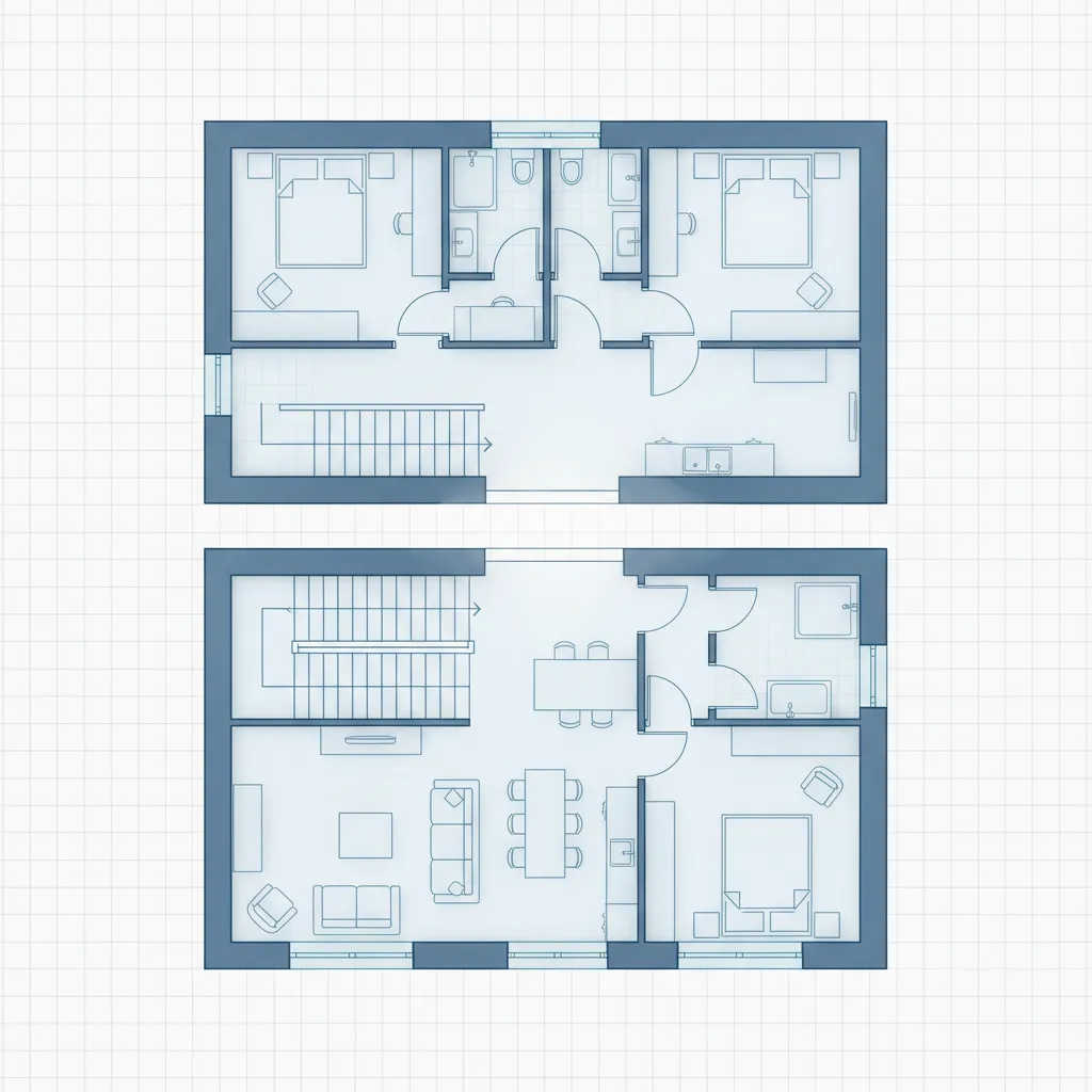architectural floor plan with transparent upper floor overlay showing alignment